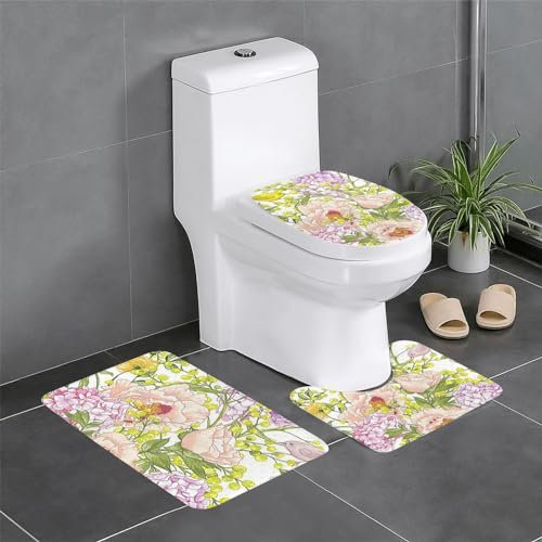 TRESILA 3-teiliges Badematten-Set, rutschfest, Badezimmermatte, WC-Vorleger, Teppich, Flanell, Bodenmatte, Druck, Türmatten – lila und gelbe Blume