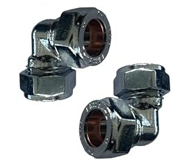 WRAS Approved 15mm Copper Pipe Elbows - Brass Compression Plumbing Fittings, Chrome Finish, Pack of 2 - Ideal 15mm Copper Pipe Fittings for Professional Plumbing Manufactured to BS EN1254-2