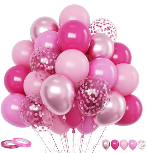Funhot Pink Balloons Set, 60PCS Hot Pink Latex Balloons, 12Inch Pink Confetti Balloon Pastel Pink Metallic Party Balloons Helium for Girls Women Baby Shower Princess Wedding Birthday Party Decoration