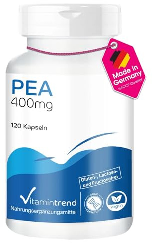 Vitamintrend Cápsulas de PEA de alta dosis 400 mg, 120 unidades, Palmitoiletanolamida, complemento alimenticio vegano sin aditivos, fabricado en Alemania