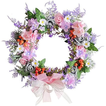 Belupai 15,7 Zoll Künstlicher Rosa Lila Pfingstrosenkranz, Bauernhof-Gänseblümchen-Kranz, Künstlicher Haustür-Kranz mit Grünen Blättern und Schleife für Wand, Zuhause, Draußen, Drinnen, Fenster, Hochz