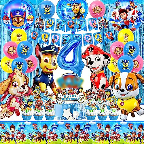 SABAN Dog Canin Cumpleaños 4 Años,Decoracion Globos Patrul Dog Canin Kit, Decoración Tarta de Infantil Patrul Dog con Guirnalda,Mantel,Cortina Fiesta,Adecuado para Decoración Fiestas de Niño y Niña