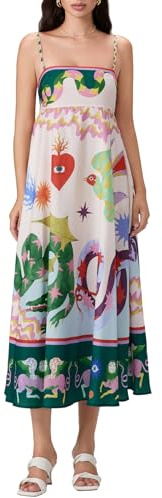 Qianderer Women Cute Print Maxi Cami Dress Loose Sleeveless Spaghetti Strap Boho Dress Flowy Graffiti Beach Long Aline Sun Dress (Heart, L)