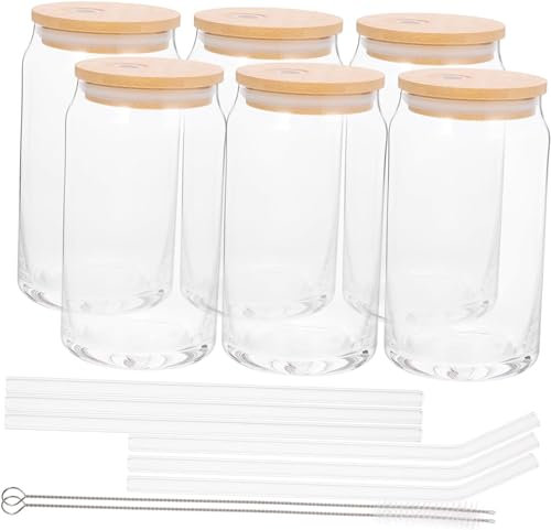 YIMUBDBM Bicchiere da tè in vetro Tazza da caffè ghiacciato Può Tumbler Tazza Può Succo Tazze Carino Tumbler Tazza Tumblers Cannucce Tazza Acqua 16oz Copertura in Legno Bottiglia di Caffè Alto