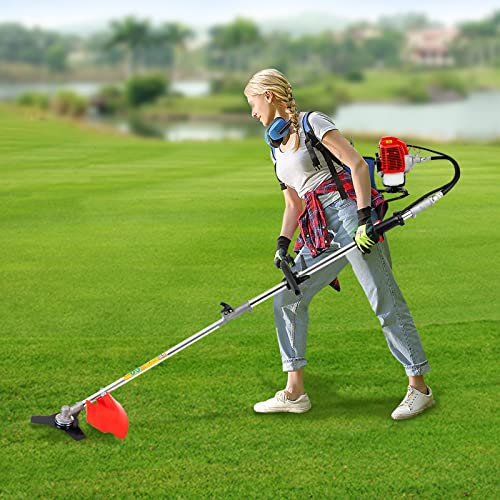 Konfiur Freischneider, 2.3HP 2-Takt Rückentragbare Rasentrimmer Motorsense, 52CC Benzin Trimmer Set, Multifunktionale Gartenschere, VerstellbarRasentrimmer Heckenschere Multitool, Rot