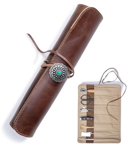 Angus Stoke Jamie - Estuche para cuchillos de piel de búfalo (7 compartimentos), marrón, Bolsillo para cuchillos