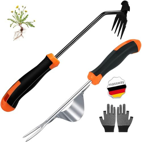 massway Unkrautstecher Edelstahl, 2 Stück Wurzeljäter mit Griff, Garten Handjätgerät Manueller Weeder zum Graben Jäten, Umpflanzen, Entwurzeln, Geschenk für Gärtner Gärtnerinnen