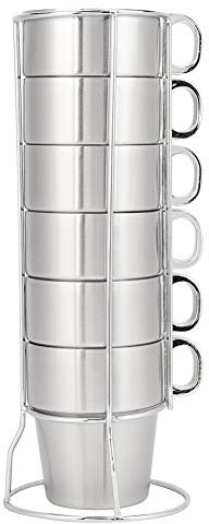NOENNULL 6 Pièces Tasses à café de Camping Empilables avec Poignée, Tasses à café Isolées en Acier Inoxydable 300 ML 10 Oz à Double Paroi avec Support, Tasses à Eau de thé Expresso pour