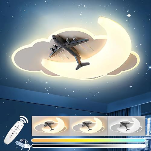 Flugzeug Deckenlampe LED Kinderlampe Dimmbar Deckenleuchte mit Fernbedienung Kreative Wolkenlampe 3000K-6000K Jungen Schlafzimmer Lampe mit Nachtlichtfunktion für Babyzimmer Kindergarten Kinderzimmer