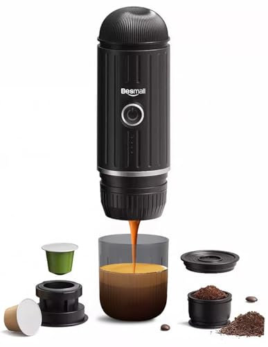 Besmall Macchina da caffè espresso elettrica portatile, caffettiera da viaggio per il campeggio, caffettiera da auto auto-riscaldamento con USB-C, con caffè macinato e capsula NS