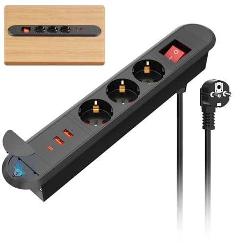 Einbausteckdose mit USB C PD20W, Versenkbare Steckdose 3-Fach Tischsteckdose mit 2 USB A, Einbau Steckdosenleiste für Tischplatte Arbeitsplatte Möbel Nachttisch, 2m Kabel, Schwarz