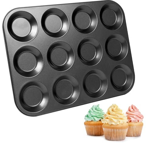 ASAB 12 Cup Cupcake Tray for Baking Non Stick Carbon Steel Muffin Tray Stain Resistant Baking Mould Dishwasher Safe BPA Free Easy to Clean Oven Safe Muffin Tray for Pudding Brownies Pies (Pack of 1)