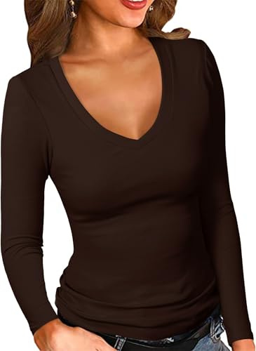 ELFIN Ribbad långärmad t-shirt för kvinnor smal passform basic långärmad elegant stretch sexig tröja v-ringad ribbad T-shirt, Mörkt kaffe, L