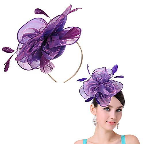 Fascinator-Hüte for Damen im Vintage-Stil, Stirnband mit Clips, Kopfbedeckung for Cocktail- und Teepartys for Mädchen und Damen(Lila)