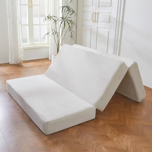 MAXYOYO Klappbare Matratze aus Cord, 3-Fach Klappmatratze 15 cm dick, Faltbare Gäste Matratze mit abnehmbarem & waschbarem Bezug, platzsparend für Gästezimmer & Reisen (Beige, 90x190 cm)