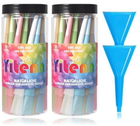 5 Farben Premium Cones, 108mm King Size Konisch Hülsen(110 Stück) | Vorgedrehte Cones mit Packschläuchen Enthalten und 2 Trichter