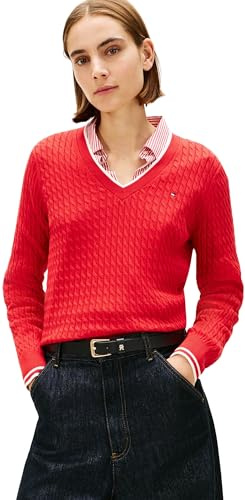 Tommy Hilfiger Jersey Mujer Cable Fine con Cuello de Pico, Azul (Primary Red/Calico Tipping), XL