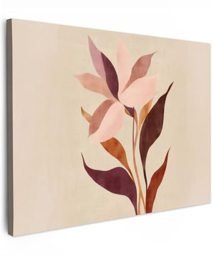 MuchoWow© Bild auf Leinwand Schlafzimmer Bilder Badezimmer Wand Deko | 70x50 cm - Wohnzimmer Modern Wanddeko Bilderwand Geschenk Blumen - Blätter - Minimalistisch - Rosa