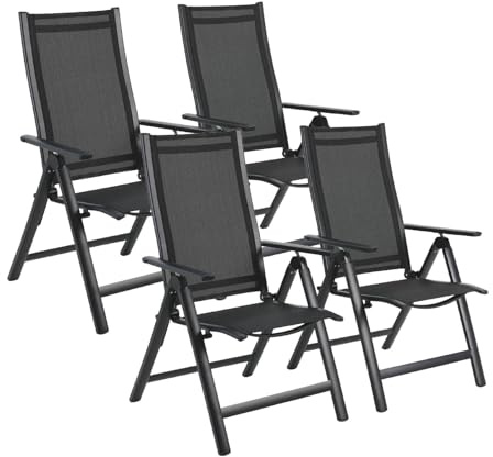 LIFERUN Hochlehner Gartenstühle klappbar aus Aluminium, Balkonstuhl 4er Set, Mit 7-Fach Verstellbarer Rückenlehne, Klappstuhl für Balkon, Garten, Terrasse, Campingstühle, wetterfest, Schwarz, 4 Pcs