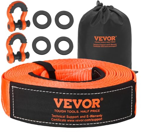 VEVOR Kit de Recuperación de Correas de Remolque, 76,2 mm x 9,1 m Capacidad de 16329 kg Correa de Cabrestante con Fundas Protectoras y Bolsa de Almacenamiento, Grilletes de Anilla en D para SUV, ATV