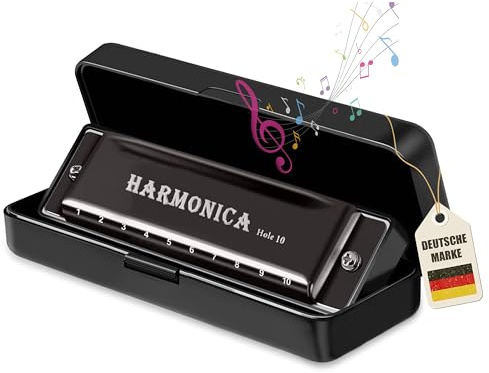Instinktive-Oase® Chromatische Mundharmonika 10-Loch Blues Harp Silber | 10 Töne Kompakt aus Kunststoff-Harz & Edelmetall inkl. Etui | Harmonika tragbar & universal, ideal für Anfänger