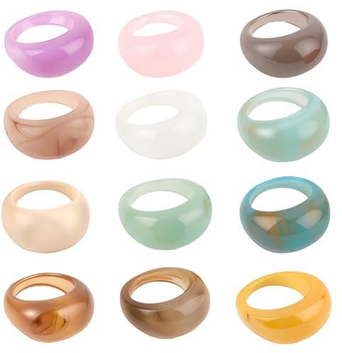 SUNNYCLUE 12 Anillo de Resina de Cúpula Gruesa de 12 Colores, 1.3 Anillos Anchos, Coloridos, Vintage, Apilables, Elegantes, con Estilo Estético, para Nudillos, Accesorios de Fiesta Hechos A Mano.