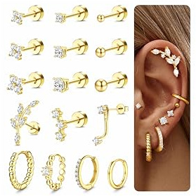 Dochais 16Pcs Ohrringe Gold Silber Set, 316L Chirurgenstahl Ohrringe für Damen Medizinische Ohrstecker und Creolen für Mehrfachpiercing 14K Vergoldet Tragus Helix Piercing Ohr Gold Silber