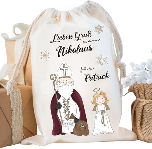 Sprinkle & Style HANDMADE BOUTIQUE personalisierter Nikolaussack, Nikolausbeutel, Nikolausstiefel, Geschenkstasche zum Weihnachtsmann, in natur zwei Größen personalisiert (Nikolaus mit Engel)