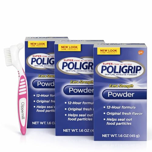 Clippermill Denture Brush - Rubber Grip compatible with PoliGrip Super Denture Adhesive Powder, Extra Strength 1.6 oz (Pack of 3) All-Day Hold, Prevent Food Particles, Denture Care Accessories Set