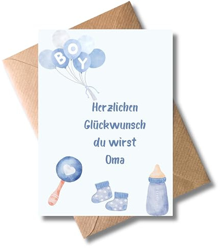 WBdesignz Glückwunschkarte „Herzlichen Glückwunsch, du wirst Oma“ mit blauen Ballons, Babyfläschchen & Socken - süße Geburtsgeschenkkarte für werdende Großmütter inkl. Umschlag (DIN A6)