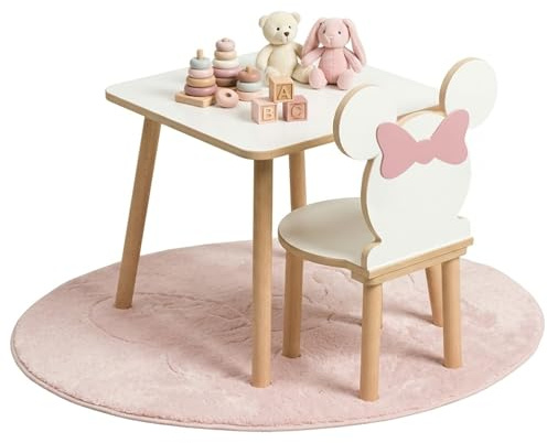 PlayPals Furniture Kinder Tisch mit Stuhl Set – Kindertisch mit Stuhl 50x50 cm, Kinderstuhl Tierform (Hase oder Maus mit Schleife), Möbel Set Kinderzimmer, Holz MDF, 3–7 Jahre