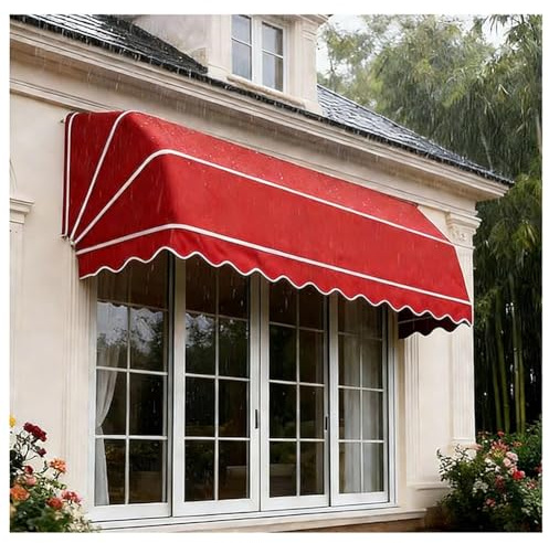 Infällbar fransk markis – vikbar aluminiumbaldakin för fönster och dörrar UV- och vattentåligt skydd för veranda balkong gård – enkel installation (Rosso 145 x 60 x 60 cm)