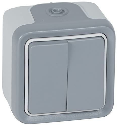 Legrand 069715 Double Interrupteur ou va-et-vient Étanche, Plexo Complet Saillie, 10AX, 250V, Gris