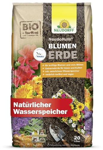 Neudorff NeudoHum BlumenErde 20L – Torffreie Bio Erde, für Innen und Außen, fördert kräftige Blumen und viele Blüten