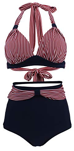 Viloree Conjunto de Bikini para Mujer Traje de Baño Elegante con Cuello Halter Conjunto de Bikini Vintage 2 Piezas Cintura Alta para Mujer Camiseta de Rayas y pantalón Corto Azul 3XL