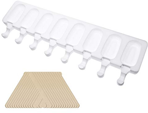 Mini Skater 8- Cavities White Silicone Ice cream Bar Mold Reusable DIY Classic Shape Ice cream Makers with 50Pcs Wooden Sticks for Homemade Ice cream,1PCS