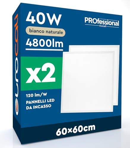 2 Pannelli LED 60x60 40W Quadrati da Incasso 4800 Lumen - Luce Naturale 4000K - Plafoniera da Ufficio Alta Luminosità 120 lm/W Lampada da Soffitto per Controsoffitti Modulari