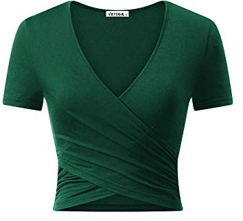 VETIOR Women's Deep V Neck Short Sleeve Unique Slim Fit Cross Wrap Shirts Crop Tops (Large, Dark Green)