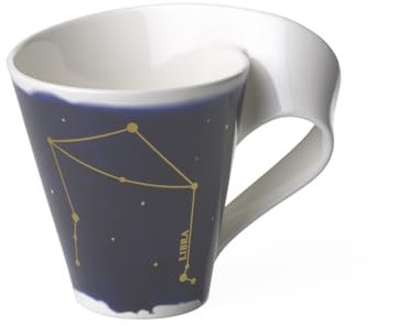 Villeroy und Boch - NewWave Stars Becher mit Henkel, formschöne Tasse mit Waage-Motiv, Premium Porzellan, spülmaschinengeeignet, weiß/blau, 300 ml