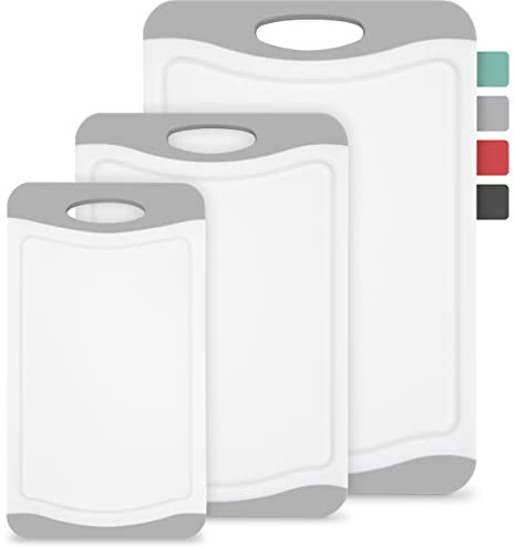 Juego de 3 tablas de cortar de plástico, sin BPA, antideslizantes, con surco y mango, aptas para lavavajillas, tablas de desayuno, cocina (gris/blanco)
