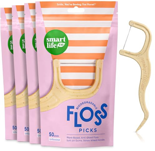 SmartLifeco Eco-Friendly Dental Floss Picks (200ct) - Flossers Made With Straw Wheat Blend, Strong Anti-Shred Thread For Tight Gaps, Tooth Pick Stick For Adults, Soft on Gum & Teeth, Vegan, Unflavored