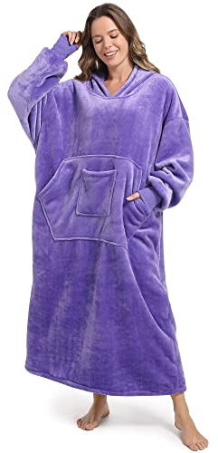 FUSSEDA överdimensionerad bärbar filttröja, supertjock varm fleece sherpa mysig filt huvtröja med fickor och ärmar för vuxna barn, VIOLETT, en storlek