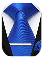 HISDERN Corbata de boda de color sólido azul real y pañuelo de bolsillo, juego de clip de corbata clásico para hombres