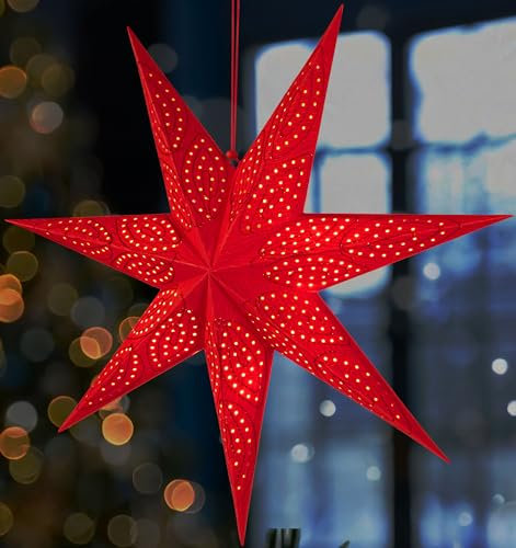 BRUBAKER 60 cm Papier Weihnachtsstern zum Aufhängen - Fenster Adventsstern - 3D Papierstern mit E14 Fassung - Hängende Weihnachtsdeko Leuchtstern mit 3,5 m Kabel - Rot