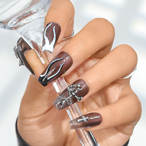 Sethexy Schwarz Lange Ballerina Nägel aufdrücken Glitzer Metallisch Falsche Nägels Glänzend Handgemacht Flamme Gemalt Falsche Nägel Salon Qualität für Frauen und Mädchen 20PCS (M)