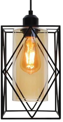 Long Life Lamp Company Black Metal Cage Amber Cylinder Glass Pendant Light Modern Rectangular Island Ceiling Light Fitting H3121