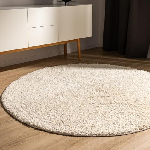 benuta Basic Hochflorteppich Teppich Wohnzimmer Sohari - Creme 250 cm Rund - Minimalistischer Look - Weich & Waschbar - Für Schlafzimmer, Flur oder Esszimmer - Geeignet für Fußbodenheizung