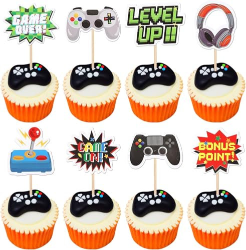 40 Stück Videospiel Cupcake Toppers Gaming Level Up Tortendeko Spielkonsolen Geburtstag Kuchen Deko für Videospiel Thema Jungen Mädchen Geburtstag Party Kuchen Dekorationen