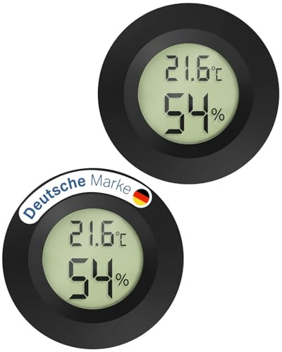 MAVORI® 2er Set Mini Thermometer Hygrometer rund - digitaler Luftfeuchtigkeitsmesser & Raumthermometer mit Spangen-Einbau, C/F & on/off Funktion - für Innenräume, Reptilien, Filament, Grow