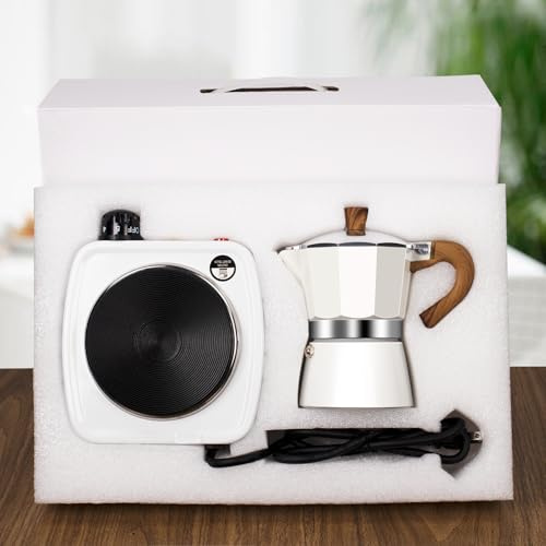 DITOSH 2-in-1 Moka Pot Espresso Set with Electric Stove 3 Cup Aluminum Stovetop Coffee Maker Percolator Italian Classic Mocha Coffee Machine for Italian and Cuban Cafe Brewing Portable Camping Travel